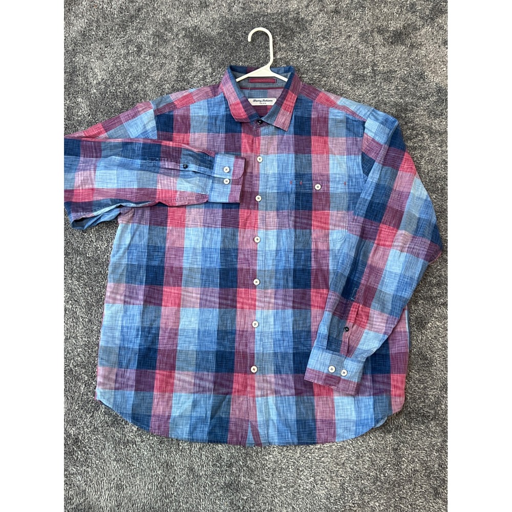 Tommy Bahama Tortola Mens XL Blue Red Plaid Cotton Tencel Long Sleeve Shirt
